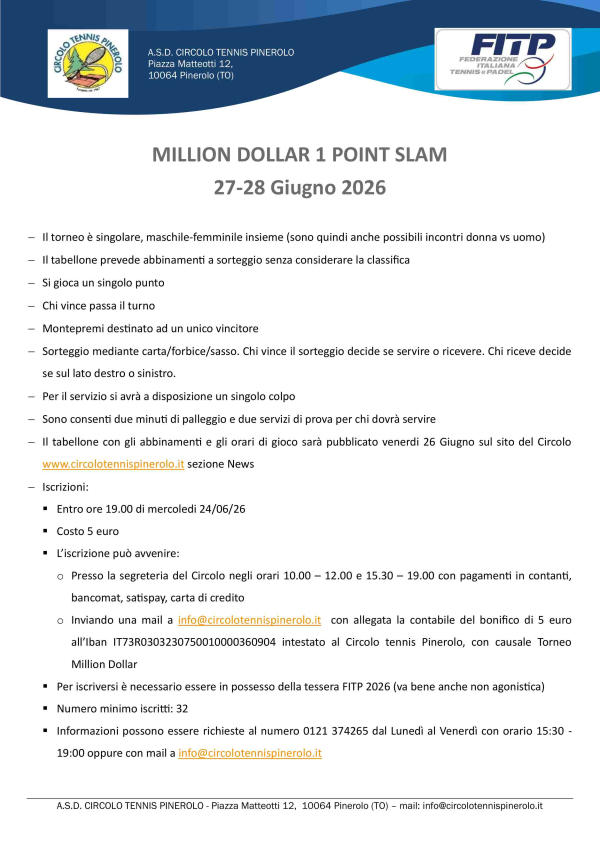 MILLION DOLLAR 1 POINT SLAM - 27-28 Giugno 2026 - Regolamento